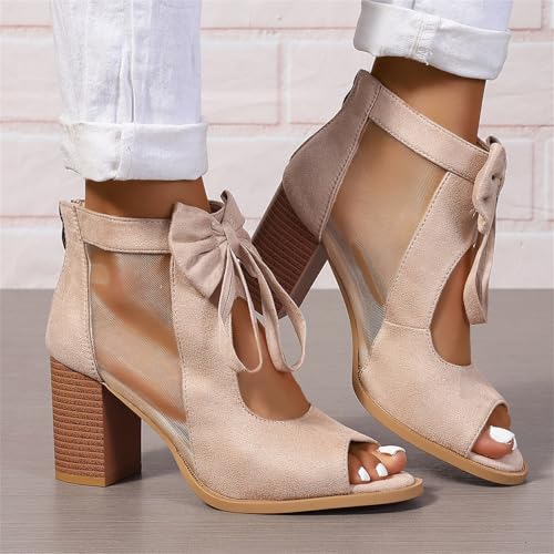 Ladmiple Women's Bow Knot Heeled Sandals Open Toe High Block Chunky Heels Ankle Strap Mesh Bride Wedding Party Dress Shoes2
