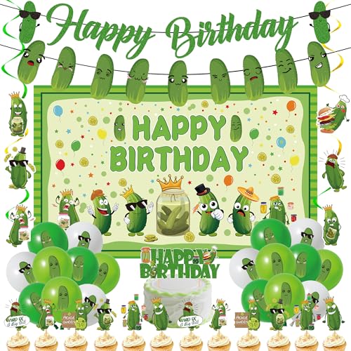 Pickle Birthday Decorations Party Set - 40 Pcs Green Cartoon Banner Kind Of A Big Dill Decor Latex Balloons Cake Cupcake Toppers Giant Backdrop Swirls For Cucumber Pickle Party Supplies