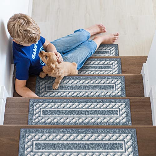 Ottomanson Modern Bordered Non-Slip Rubberback 8.5" x 26" Traditional Stair Treads for Wooden Stairs, 7 Pack, Navy