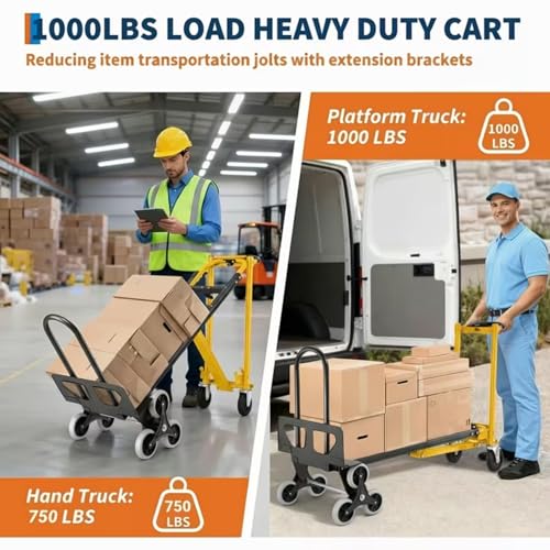 Image of Heavy Duty Stair Climbing Hand Truck - 1000 LBS Capacity 4-in-1 Convertible Dolly Cart, Foldable Platform Utility Cart for Moving Boxes, Industrial Grade Steel Construction(Yellow)
