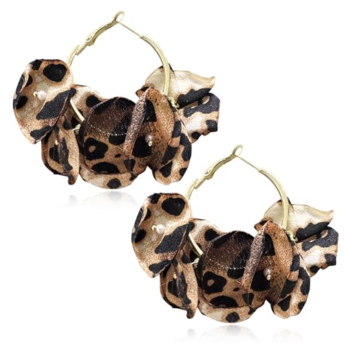 GPASTG Bohemian Fabric Flower Petal Pearl Dangle Drop Stud Round Hoop Earrings For Women