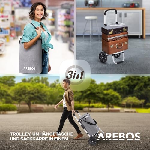 Arebos 3in1 Einkaufstrolley | Trolley groß 56 Liter | Einkaufswagen mit Kühlfach | Einkaufstasche mit Rollen | Klappbarer Shopper | klappbar Tasche abnehmbar | Einkaufsroller, Handwagen | Grau – Bild 4