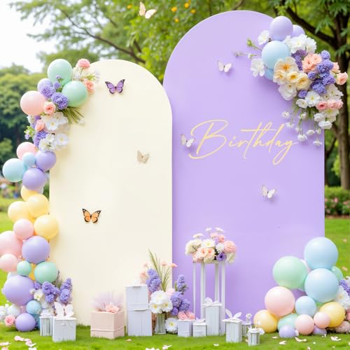 Image of Beige and Purple Arch Cover 2 Set-7.2FT, 6FT Arch Backdrop Cover Spandex Fitted Wedding Arch Stand Covers for Bridal Shower Wedding Baby Shower Birthday Party Ceremony Photo Background Decorations