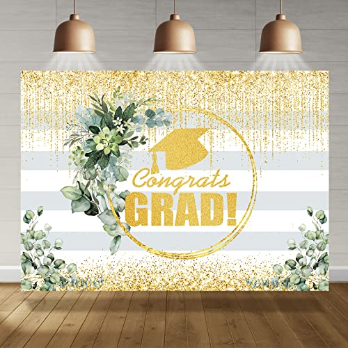 Rsuuinu Congrats Grad Backdrop Graduation Party Class of 2024 Golden Glitter Bokeh Green Leaves Photography Background College Prom Party Supplies Cake Table Banner Decorations Photo Booth Props 7x5ft
