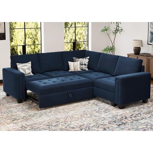 Belffin Modular Sectional Sleeper Sofa with Pull Out Couch Bed Velvet Convertible L Shaped Sectional Couch for Living Room Apartment Blue Blue L shape