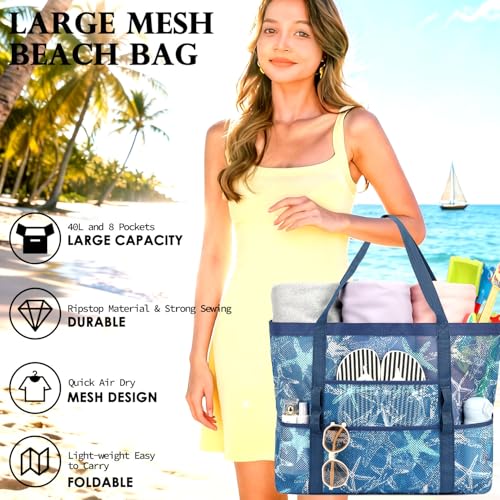 Image of Fammart Mesh Beach Bag for Women, Large Beach Toy Pool Bag with Zipper Pocket, SandProof Cruise Essentials 2026 Family Travel