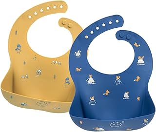 مرايل أطفال من ليتل ديمسم مصنوعة من السيليكون ناعمة ومريحة ومقاومة للماء وقابلة للتعديل، مرايل طعام للأطفال الصغار مع أداة التقاط الطعام سهلة التنظيف بالمسح (داك&شيب)