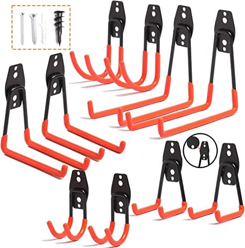 idmans Wandhaken, 10 Stück Schwerlast Garage Doppelhaken zur Organisation für Leiter, Stuhl, Schlauch, Fahrrädern, Elektrowerkzeugen Sperrigen (10, Orange)
