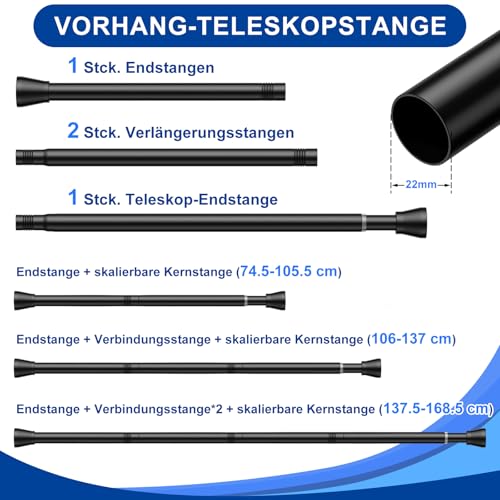 HAOYUNTE Gardinenstange ohne Bohren 75-160 cm Ø 22 mm – Teleskop-Klemmstange, verstellbare Vorhangstange für Fenster, Dusche, Tür & Kleiderschrank (Schwarz)