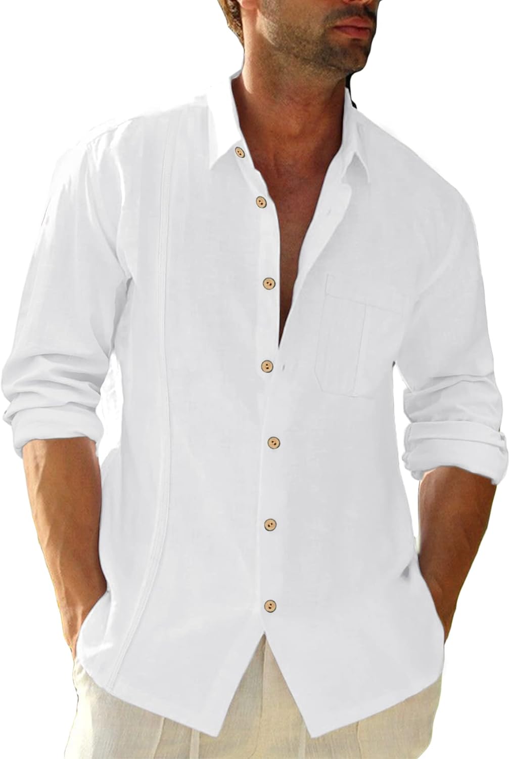 Camisa casual de lino para hombre, camisas con botones de guayabera, camisetas de campamento y playa