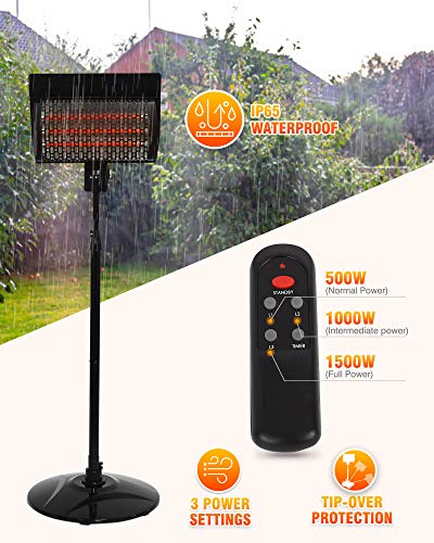Sunday Living Electric Patio Heater, Outdoor Heater, 1500W Infrared Heater with 3 Power Settings, Digital Panel with 12H Timer, Adjustable Height Space Heater, in/Outdoor, SPH-15NR