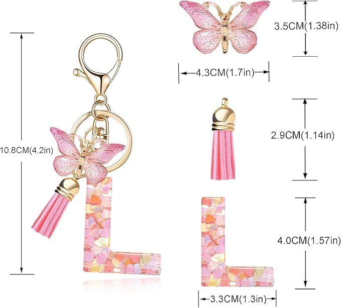 Image of GEOCARTER Lightweight Fashion Initial Letter Key Ring with Butterfly Pendant & Tassel, Stylish Purse Charm for Handbags, Car Keys, Gifts for Girls & Women