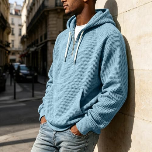 Waffle Knit Hoodie Men Oversized Hooded Sweatshirt 3/4 Zip Pullover - image 7