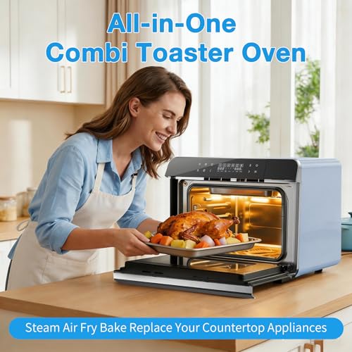 Image of ROBAM Toaster Air Fryer Combi Oven, Countertop Steam Oven 14-in-1 with Convection Steam Roast & Bake, Multi-Stage Cooking, Self-Clean, 7 Modes, 30 Built-In Recipes, for Kitchen Pizza Baking (Blue)
