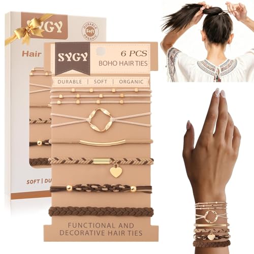 6 PCS Hair Ties Bracelets for Women, Boho Hair Ties for Thick & Thin Hair, Elastic Hair Bands That Double as Stylish Jewelry, Dual-Use Stretch Bracelets, Hand-braided Ponytail Holders, Geometric
