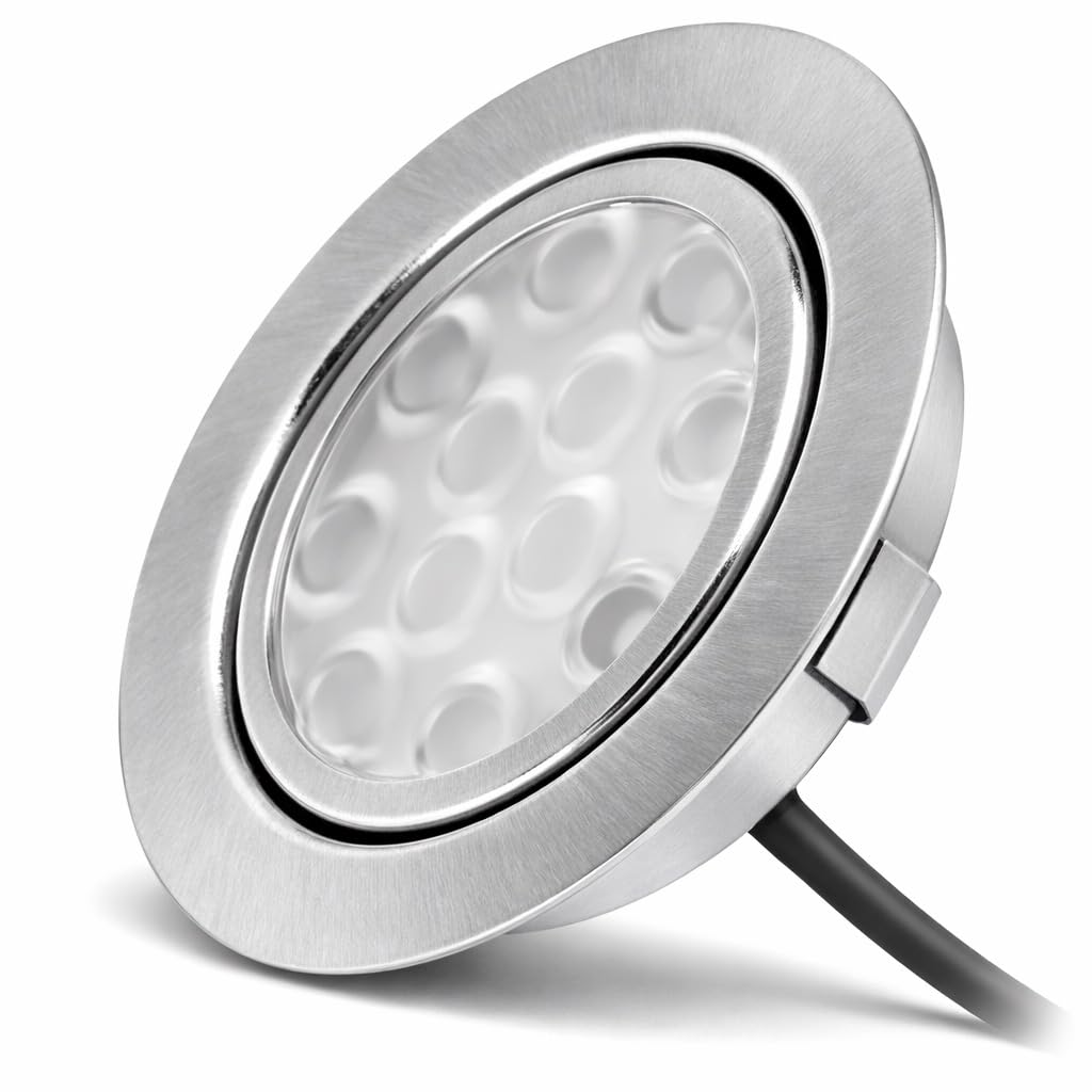 3er Set: Flache LED Einbauspots Alina, 3W, warmweiß (3000K), 200lm, 12V, mit 15W LED Trafo Satz. Für Wohnzimmer, Küche und Bad. Plug-and-Play-System, 20° schwenkbar, Farbe Edelstahl gebürstet.