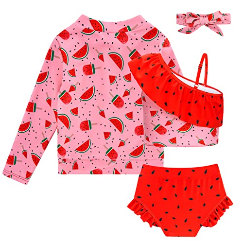 Funnycokid Baby Girl Swimsuit 6-9 Months Bathing Suit Swim Rash Guard Long Sleeve Infant Watermelon 3 Piece 12 Month Red thumb #1