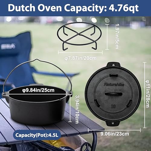 Naturehike Camping Dutch Oven, 4.25Qt Cast Iron Camp Cookware Pot With 2-In-1 Frying Skillet Lid, Pre-Seasoned for Outdoor BBQ Baking Campfire Cooking with Metal Handle Black - Image 4
