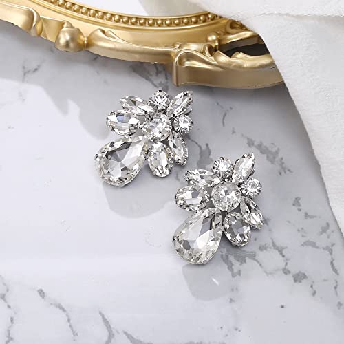 BriLove Clip-On Earrings Elegant Stunning Teardrop Crystal Rhinestone Cluster Statement Jewelry for Women Party Prom3