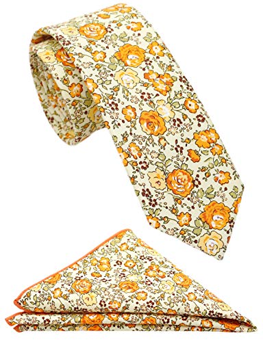 Cravate en coton pour homme motif floral beige orange slim dünn 6,3 cm