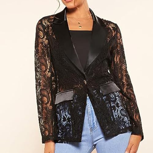 Women's Floral Lace Blazer Mesh Single Button Lapel Long Sleeve Elegant Jacket Blazer3