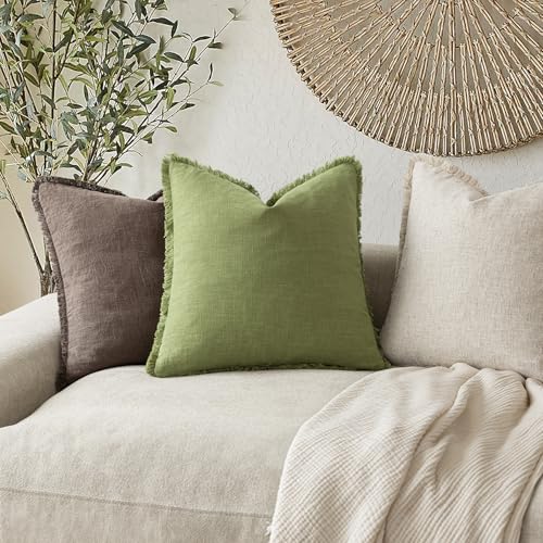 Image of Foindtower Set of 2 Decorative Linen Fringe Throw Pillow Covers Cozy Boho Farmhouse Cushion Cover with Tassels Soft Accent Pillowcase for Couch Sofa Bed Living Room Home Decor,20x20 Inch,Lush Green