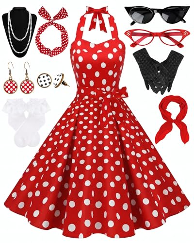 Womens 1950s Polka Dress Set Audrey Vintage-Inspired Cocktail Halter Swing Dress with Accessories 10PCS(Red WhiteDots-M)