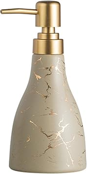 300ML Ceramic Marble Pattern Soap Dispenser - Gold Veined Refillable Liquid Hand Soap Dispenser Pump Bottle for Bathroom & Kitchen Khaki