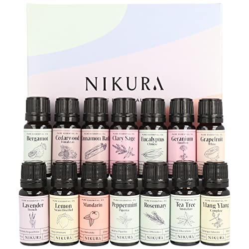 Nikura Professional Essential Oil Gift Set - 14 x 10ml | Essential Oils for Diffuser for Home, Aromatherapy, Rosemary Oil for Hair Growth | Bergamot, Lavender, Lemon, Peppermint, Tea Tree Nikura Professional Essential Oil Gift Set - 14 x 10ml | Essential Oils for Diffuser for Home, Aromatherapy, Rosemary Oil for Hair Growth | Bergamot, Lavender, Lemon, Peppermint, Tea Tree