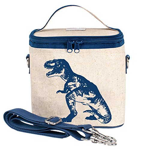 SoYoung Small Cooler Bag - Lunch - Raw Linen, Eco-Friendly, Leakproof, Easy to Clean - Blue Dino