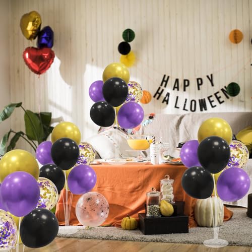Image of ZJDHPTY Halloween Decorations,4Set Purple Black Gold Balloon Stand Kit | Balloon Centerpieces for Birthday Graduation Wedding Retirement Anniversary Homecoming Party Decorations