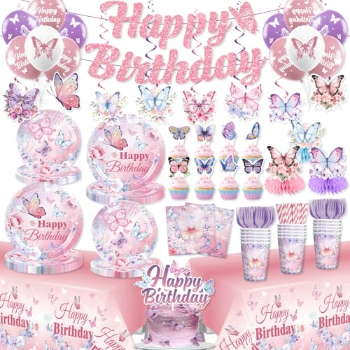 cocomigo 196 Pieces Butterfly Birthday Decor Includes Butterfly Plates & Napkins Set Banner Hanging Tablecloth Cupcake Topper Balloon Table Decor for Girls Butterfly Party Decors Serves 25