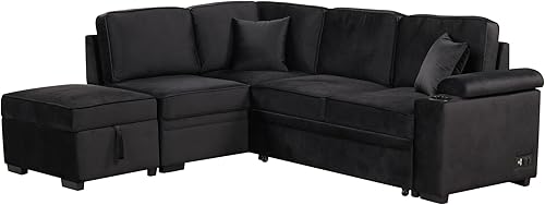 Miniatura 9 de DEINPPA Sofá modular de 129.5 pulgadas con cama extraíble y puerto de carga USB, juegos de muebles de felpilla para sala de estar, sofá seccional