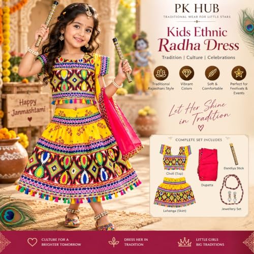 Image of PK HUB Kids Ethnic Radha Dress Lehenga Choli | Chania Choli Set | Janmashtami Mythological | Dandiya Dance Costume | Rajasthani ethinic style For Baby Girls