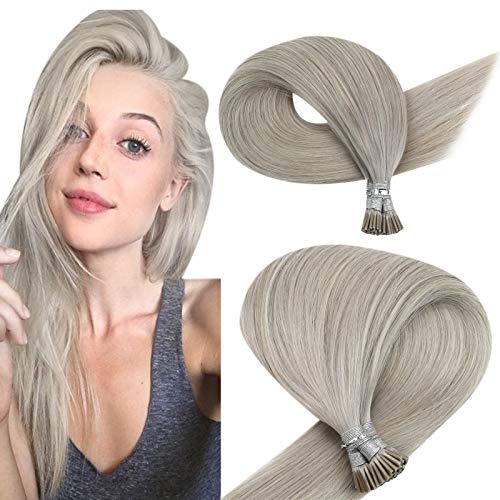 JoYoung Pre Bonded I Tip Hair Extensions Grey Hair I Tip Hair Extensions Solid Color Grey Hair Extensions Pre Bonded Itip Hair Extensions Fusion I-tip Hair 20inch 50grams 50strands