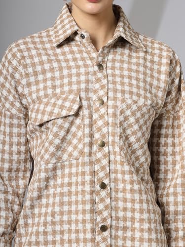 Image of CHKOKKO Tweed Women Oversized Winter Shacket Stylish Standard Length Coat Plaid Jacket Shirt