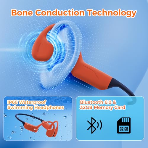 Image of Full-Coverage Liquid Silicone Swimming Headphones, IP68 Waterproof Underwater Headphones, Bluetooth 6.0&MP3 with 32GB Memory Card, Soft /Skin-Comfortable Open Ear Bone Conduction Swim Earbuds(Carrot