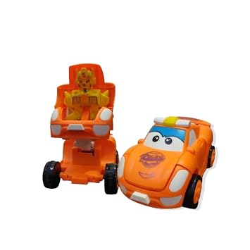 Robot Car Small: Unbreakable Bright Colour Mini Racing Converting Car to Robot Friction Toy (Orange)