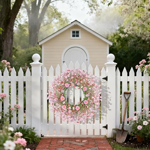24 Inch Large Spring Summer Wreaths for Front Door, Daisy Wreaths for Front Door Artificial Floral with Wild Floral for Farmhouse Porch Wall Living Room Home Decor-Pink by OZFHUA - Image 8