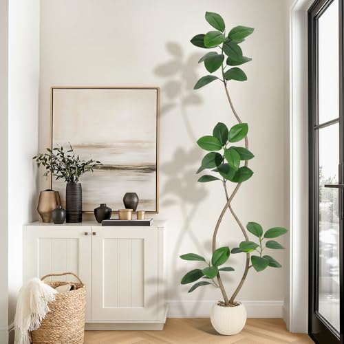 7FT Artificial Plant Rubber Tree with Off White Sphere Resin Planter & Stone Faux Fiddle Leaf Fig Tree Indoor Artificial Tree Tall Plant Fake Tree Tropical Large Floor Tree Real Touch for Home Decor