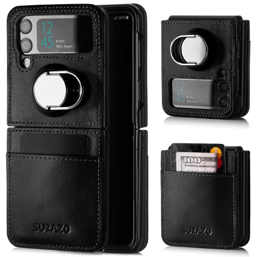 Custodia posteriore in vera pelle per Samsung Galaxy Z Flip 4 - antiurto con scomparto per carte di credito funzione leggio ad anello vintage Slim Bumper Costa Nero