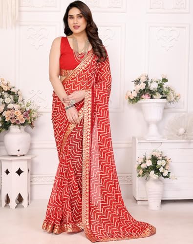 Image of Yashika Women's Printed Georgette Printed Saree With Lace Border and Blouse Material