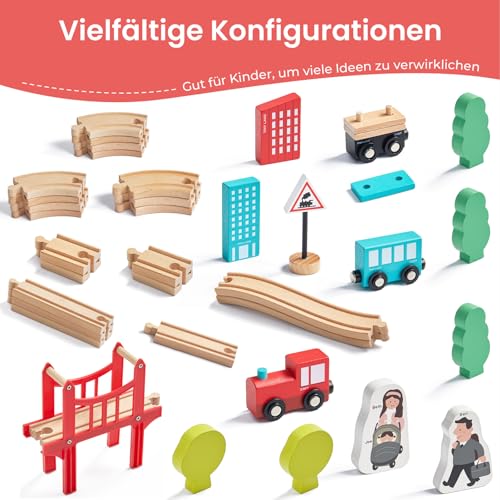 Tiny Land 39 Pcs Holzeisenbahn und Züge Pack Eisenbahn Anfängerset Kompatibel mit Thomas Passend für Eichhorn Zugset Kleinkinderspielzeug empfohlen ab 3 Jahren