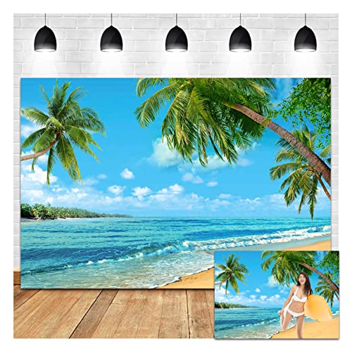 Summer Tropical Hawaii Palm Tree Or Beach Photography Backdrops 7X5Ft Blue Sea Sky Sunshine Luau Party Photo Background Wedding Bride Shower Baby Birthday Party Banner Supplies Props Vinyl #TOP14