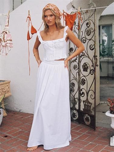 Women Cotton Set Top Skirt 2 Pcs Outfit Ruffles Button Slim Top A-Line Maxi Skirt Casual Dress3