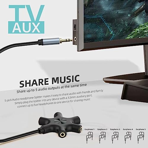 Image of Multi Headphone Audio Splitter, 5-Way 3.5mm Jack Stereo Headset Adapter to Connect Up to 5 Devices for Mixing, Shared Experiences - for iPhone, iPad & More
