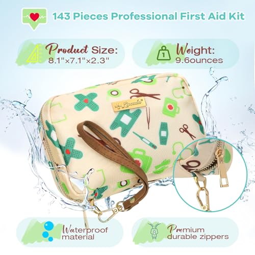 Image of Portable Travel First Aid Kit for Kids and Adults, 143 Pieces All-Purpose Emergency First Aid Kit for Home, Car, Diaper Bag, Survival, Camping, Hiking, and More (Off-White)