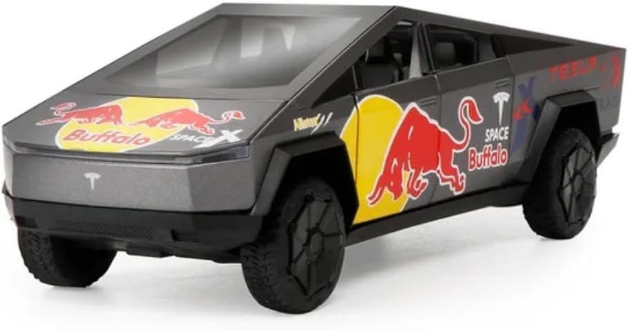 Minniq STORE Tesla Cyber Truck Redbull 1:32 Model Car Exclusive Pull Back Metal Toy car with Openable Doors & Light Music Best Gifts Toys Kids (1:32 Tesla CyberTruck Redbull (Black))