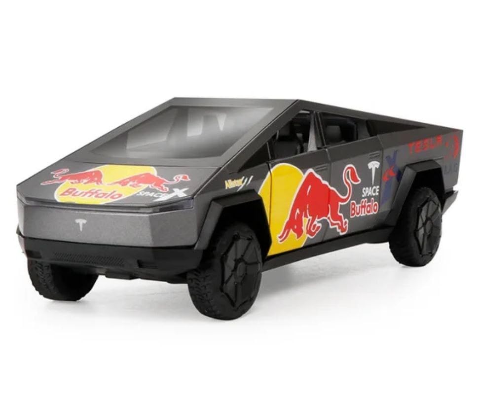 Minniq STORE Tesla Cyber Truck Redbull 1:32 Model Car Exclusive Pull Back Metal Toy car with Openable Doors & Light Music Best Gifts Toys Kids (1:32 Tesla CyberTruck Redbull (Black))