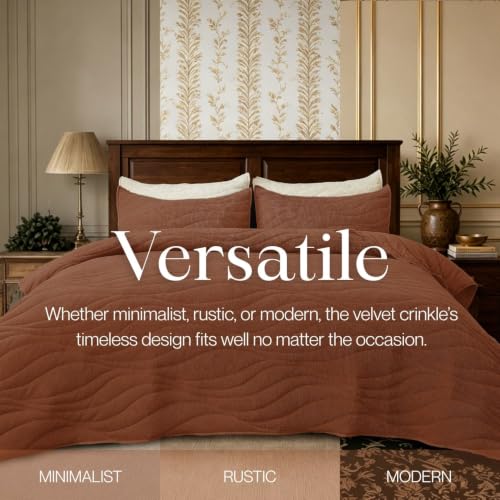Image of DOWN HOME Crinkle Textured Velvet Quilt Set with Shams, All-Season Luxury Modern Bedding,Easy Care Comforter,Ultra-Soft,Lightweight & Breathable, Cali King, Rosewood Brown